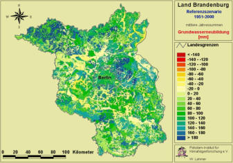 Für das Land Brandenburg flächendeckend berechnete mittlere Jahressummen für die Periode 1951-2000